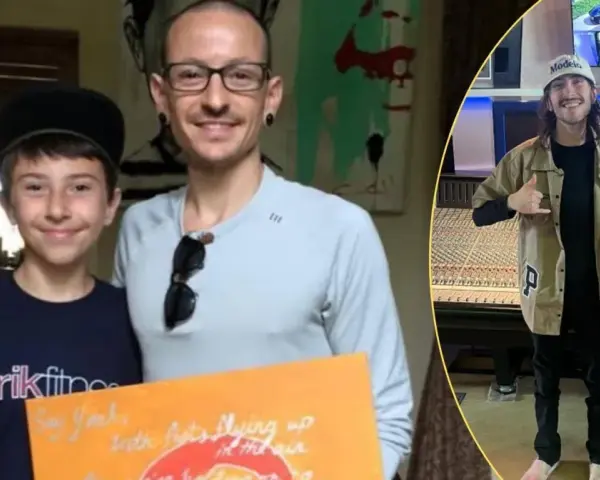 Draven Sebastian Bennington z fanem, a obok niego dwaj muzycy w studiu nagraniowym.
