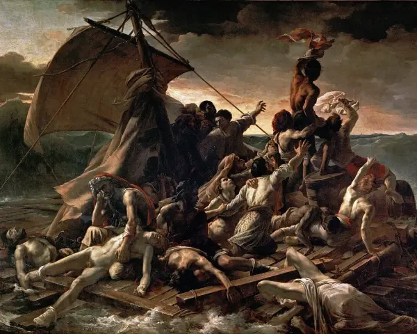 La balsa de la medusa: náufragos desesperados luchan por sobrevivir en un mar embravecido. Un comentario sobre la fragilidad humana y la esperanza.