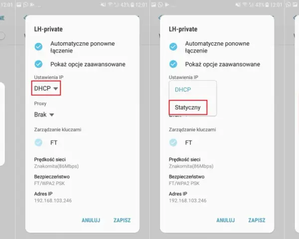 Jak zmienić DNS: wybierz "Statyczny", aby edytować adresy serwerów DNS. Zobaczysz pola na wpisanie nowych wartości.