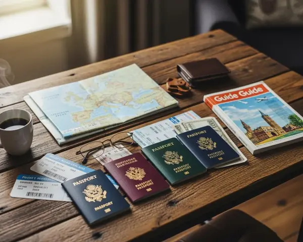 Passeports, billets d'avion, carte, guide et tasse de café sur une table en bois.