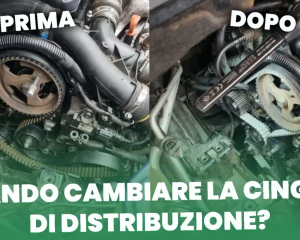 Motore auto con cinghia di distribuzione prima e dopo la sostituzione. La cinghia di distribuzione è fondamentale per il corretto funzionamento del motore.