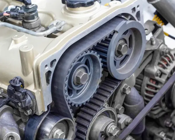 Close-up of a car timing belt system with gears and pulleys. This essential component ensures precise engine timing.