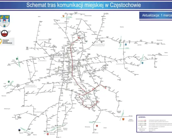 Schemat tras komunikacji miejskiej w Częstochowie, aktualizacja 1 marca 2025 r. GTV Częstochowa Blachownia rozkład jazdy.