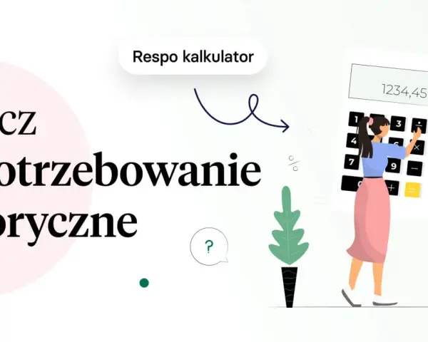 Jak obliczyć zapotrzebowanie kaloryczne? Kobieta z kalkulatorem i ikonami sugeruje łatwe rozwiązanie.