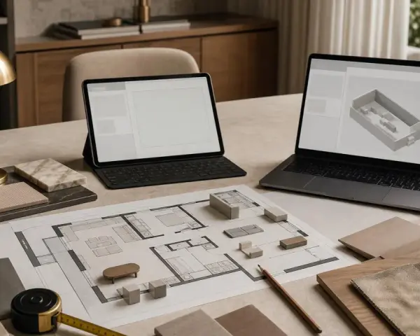 Na stole leży plan mieszkania, próbki materiałów i dwa laptopy z otwartą aplikacją do projektowania wnętrz.