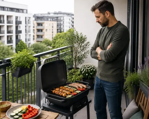 Mężczyzna na balkonie z grillem, na którym pieką się kiełbaski i szaszłyki. To dowód, że można robić grilla na balkonie, ciesząc się posiłkiem na świeżym powietrzu.
