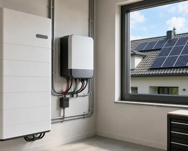 Nowoczesny magazyn energii i falownik, gotowe do instalacji najlepszej fotowoltaiki. Za oknem widać dom z panelami słonecznymi na dachu.