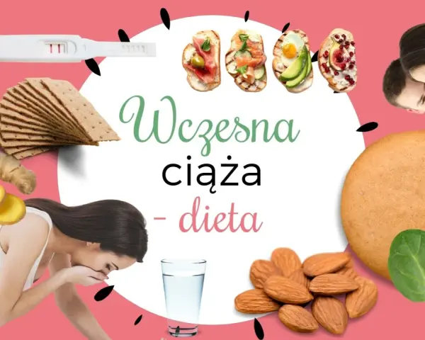 Wczesna ciąża - dieta: test ciążowy, imbir, chrupki, przekąski, migdały, szpinak, para z pozytywnym testem.