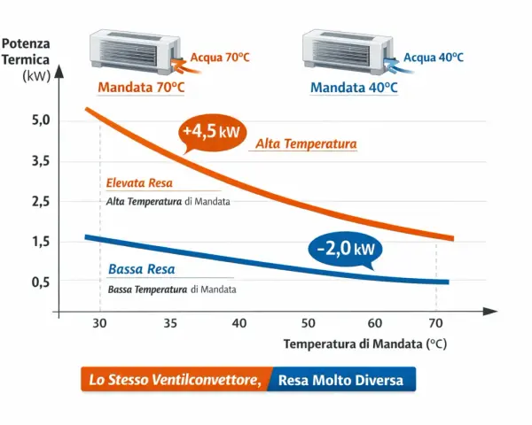 Grafico mostra la potenza termica dei radiatori fan coil a diverse temperature di mandata. Alta temperatura (70°C) offre resa elevata, bassa temperatura (40°C) resa bassa.