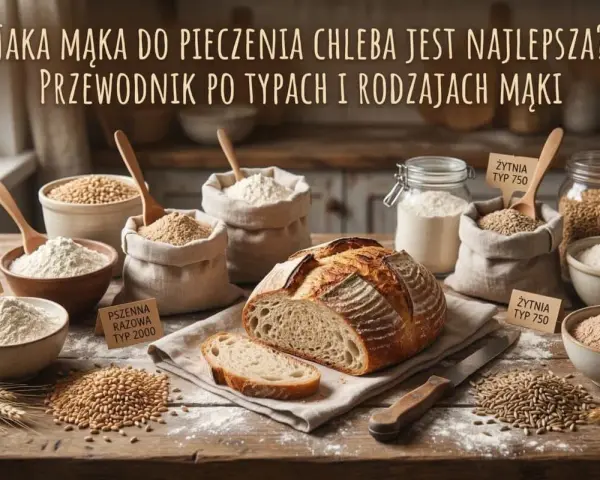 Chleb na stole, obok różne rodzaje mąki: pszenna, żytnia. Jaka mąka do chleba jest najlepsza? Przewodnik po typach i rodzajach mąki.
