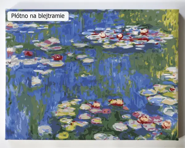 Płótno na blejtramie z motywem wodnych lilii, inspirowane dziełami francuskiego malarza Claude'a Moneta.