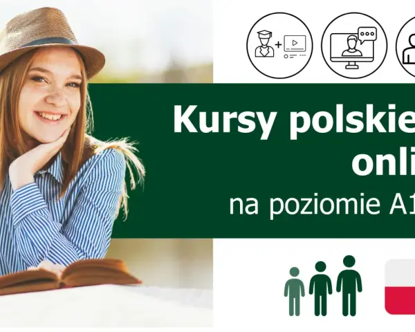 Uśmiechnięta dziewczyna w słomkowym kapeluszu i koszuli w paski, z książką i kawą. Obok napisy "Kursy polskiego online" i ikony symbolizujące naukę. Darmowy kurs języka polskiego dla obcokrajowców online.