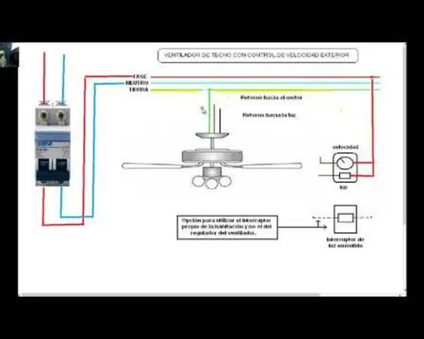 Diagrama eléctrico para conectar cables de un interruptor doble a un ventilador de techo con control de velocidad exterior.