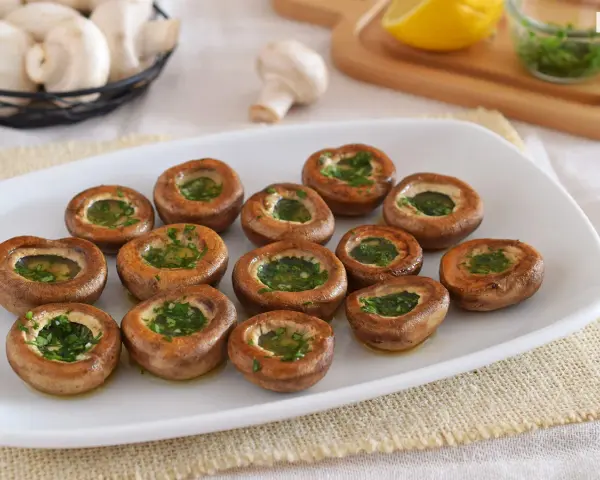 Champiñones a la plancha, dorados y rellenos de perejil fresco, listos para disfrutar.