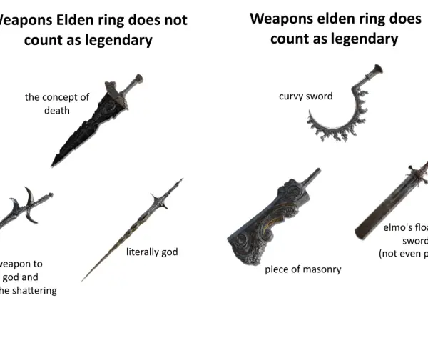 Armas legendarias de Elden Ring: una espada curva, una pieza de mampostería y la espada flotante de Elmo.