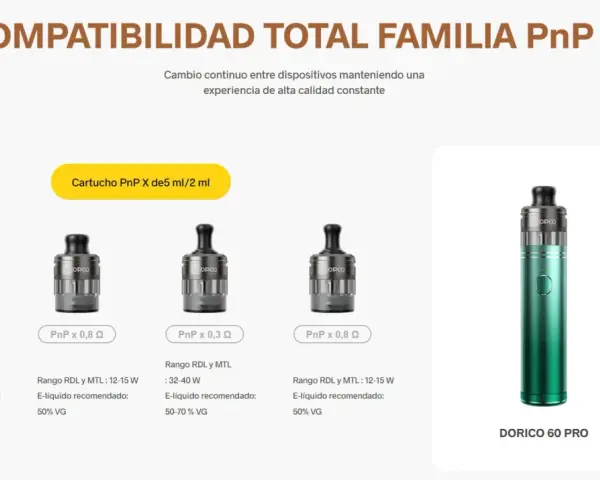 El dispositivo **Doric** 60 Pro y sus cartuchos PnP X, con diferentes resistencias y rangos de potencia, ofrecen una experiencia de vapeo versátil.