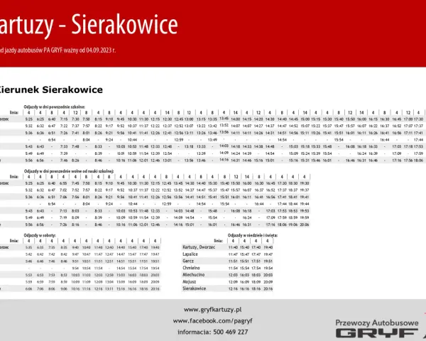 Rozkład jazdy Gryf Sierakowice Kartuzy. Autobusy kursują w dni powszednie, wolne od nauki, soboty, niedziele i święta.