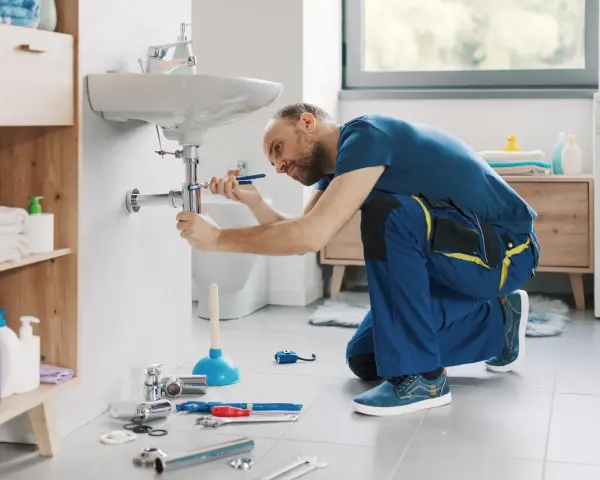 Instalator klęczy przy umywalce, pokazując, jak wymienić kran. Narzędzia i części są rozłożone na podłodze.