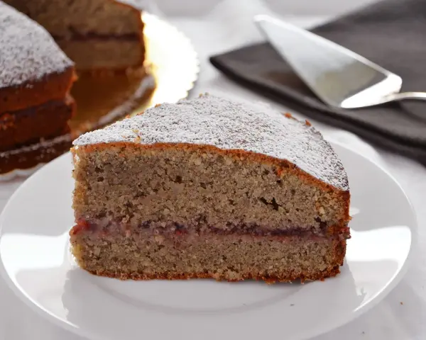 Una fetta di torta grano saraceno trentino, con marmellata e zucchero a velo, su un piatto bianco.