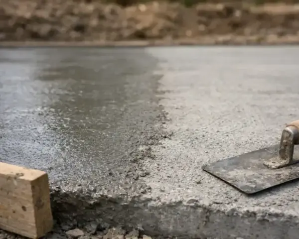 Świeżo wylany, mokry beton czeka na wykończenie. Obok leży kielnia, gotowa do pracy. Szybki beton to podstawa solidnej budowy.