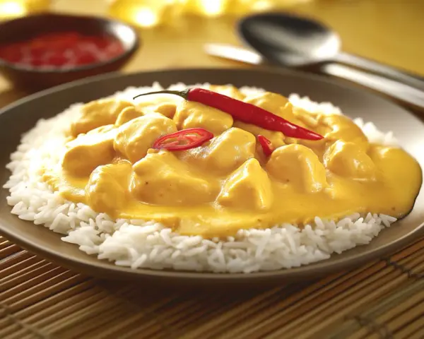 Straccetti di pollo al curry su un letto di riso bianco, guarniti con peperoncino rosso fresco. Un piatto invitante e saporito.