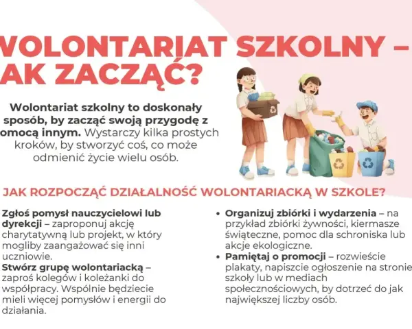 Dzieci angażują się w wolontariat szkolny, zbierając rzeczy do recyklingu i żywność. Podstawa prawna wolontariatu w szkole jest kluczowa dla takich inicjatyw.