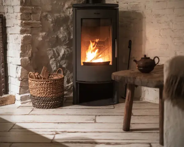 Stufa a pellet senza presa d'aria, con fiamme vive, accanto a un cesto di legna e un tavolino rustico.