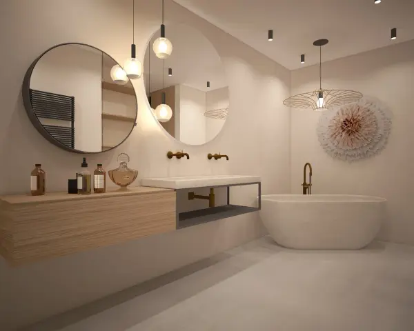Salle de bain épurée avec baignoire îlot, double vasque et mobilier bois. Une vision de la tendance salle de bain 2026.