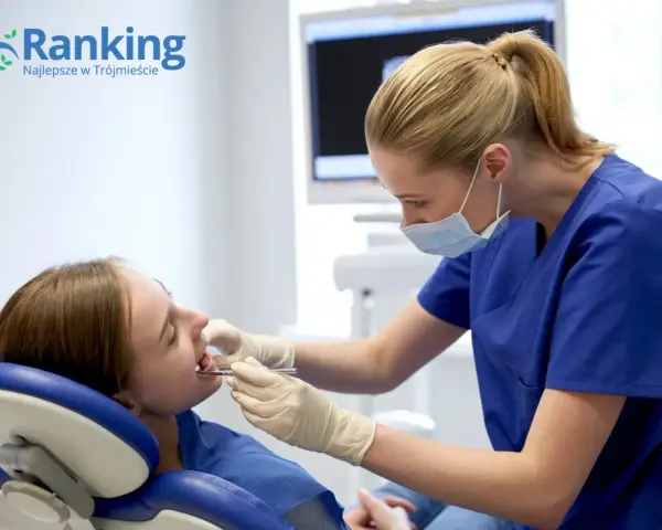 Dentystka w masce bada zęby pacjentki w gabinecie stomatologicznym.