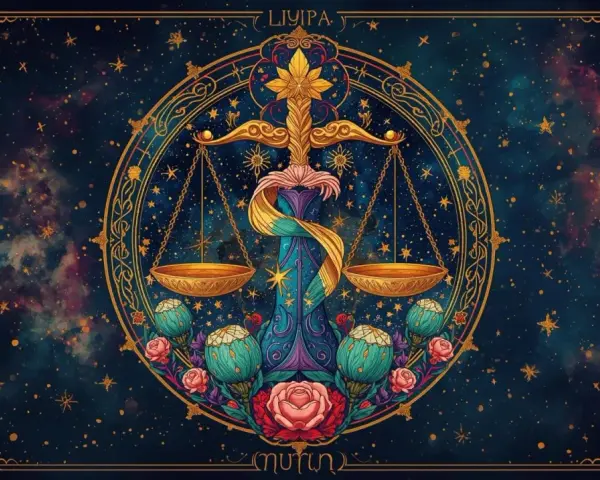 Złota waga na tle kosmosu, symbolizująca horoskop dzienny Waga. Kwiaty i gwiazdy tworzą magiczną oprawę.