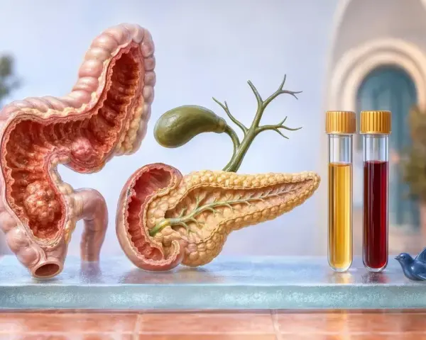 Anatomia układu pokarmowego: jelito grube, trzustka, pęcherzyk żółciowy, próbówki z płynami. Ca 19-9 to marker nowotworowy.