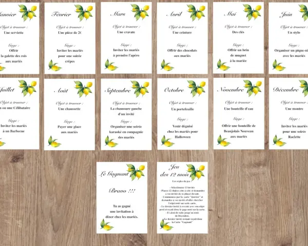 Cartes de jeu "Les 12 mois" avec des citrons, proposant des objets à trouver et des gages pour chaque mois. Un gage jeux des 12 mois à imprimer gratuit pour animer une fête.