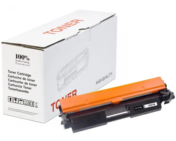 Pomarańczowy toner CF217A, idealny do drukowania wysokiej jakości. Opakowanie z napisem "TONER" i gwarancją 100% jakości.