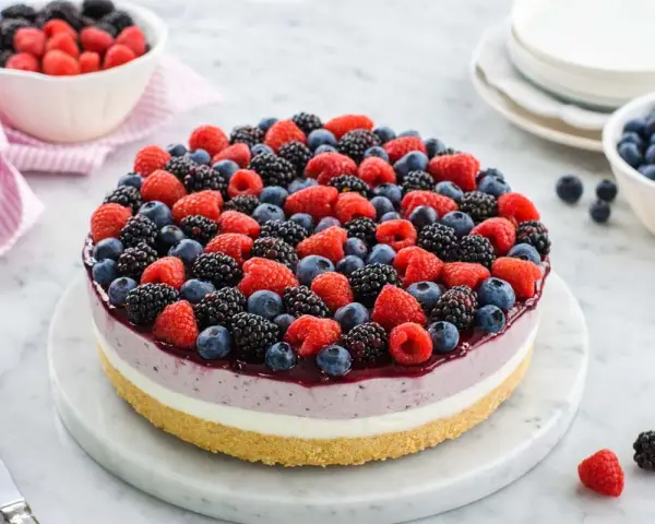 Cheesecake ai frutti di bosco con Philadelphia, un tripudio di lamponi, mirtilli e more su una base croccante.