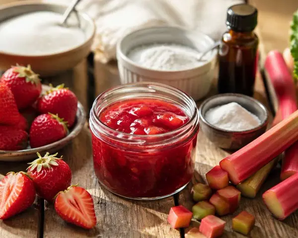 Erdbeeren und Rhabarber: welche Frucht passt zu Rhabarber? Hier ist die Antwort: Erdbeeren! Zutaten für Marmelade.