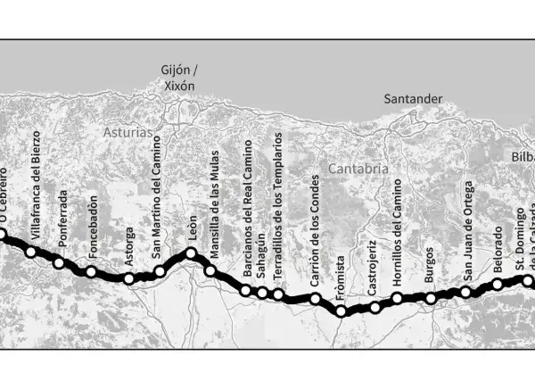 Mappa del cammino di Santiago italiano, con tappe da Santiago de Compostela a Saint Jean PdP.