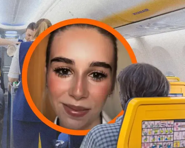 Uśmiechnięta stewardessa w kabinie Ryanair. Zastanawiasz się, ile zarabia stewardessa w Ryanair?