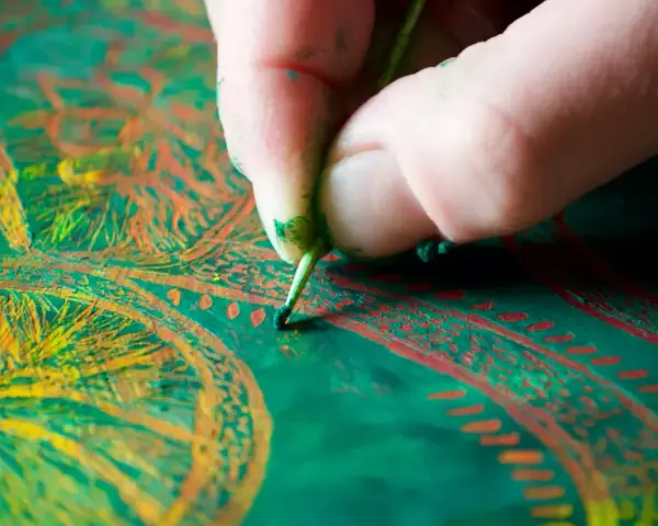 Main d'un artiste peintre travaillant sur une peinture à l'huile aux couleurs vives.