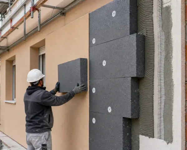 Operaio applica pannelli isolanti per il cappotto casa. Lavori di ristrutturazione in corso.