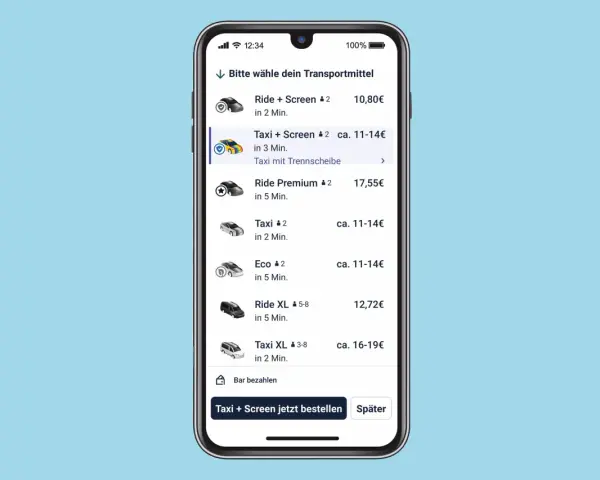 Fahrtoptionen auf einem Smartphone, ähnlich wie bei Uber, mit verschiedenen Taxis und Rides, die für eine Reise nach Italien zur Verfügung stehen.