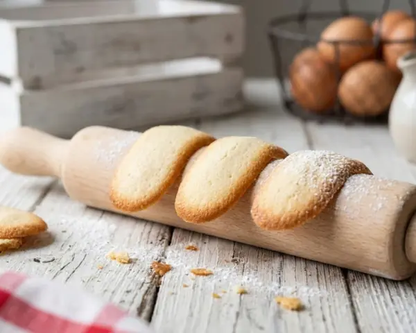 Biscotti a forma di lingue di gatto, spolverati di zucchero a velo, adagiati su un matterello di legno.