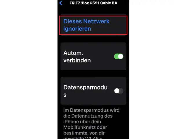 iPhone-Einstellungen: "Dieses Netzwerk ignorieren" Option hervorgehoben.
