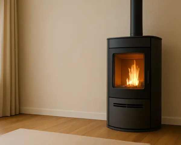 Stufa a pellet moderna con fiamme vive, un vero bonus per un ambiente caldo e accogliente.