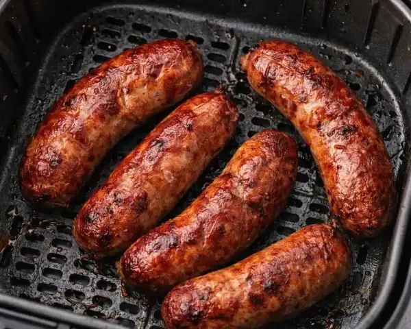Salsiccia dorata e succulenta in friggitrice ad aria, pronta per essere gustata.