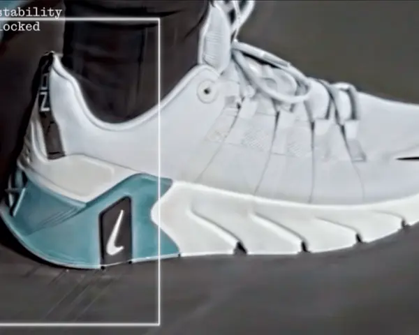 Scarpa da ginnastica bianca e azzurra con suola spessa. Per capire se ho la pianta del piede larga, osserva la larghezza della scarpa.