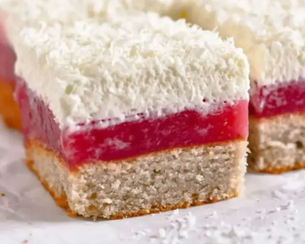 Schichtkuchen mit roter Geleeschicht und Kokosraspeln, wie von Frau Holle gebacken.
