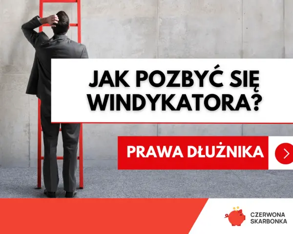 Mężczyzna w garniturze stoi przed drabiną, zastanawiając się, jak uwolnić się od firmy windykacyjnej. Tekst: "Jak pozbyć się windykatora?".