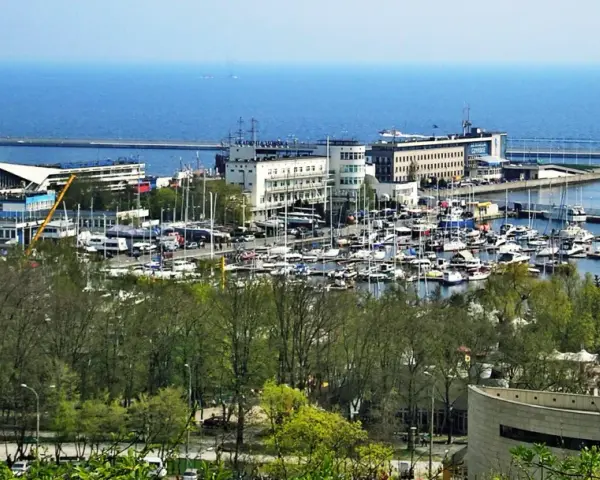 Widok na port jachtowy w Gdyni z licznymi łodziami i budynkami w tle.
