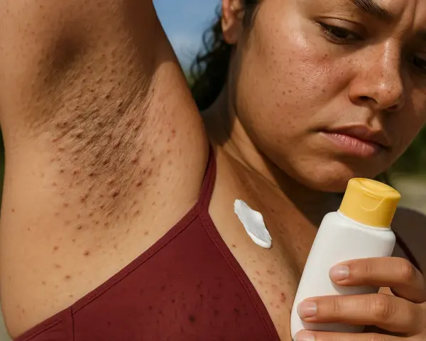 Axila con vellos incipientes y granitos. Una mujer mira con preocupación una crema, quizás pensando que si te depilas sale más pelo.