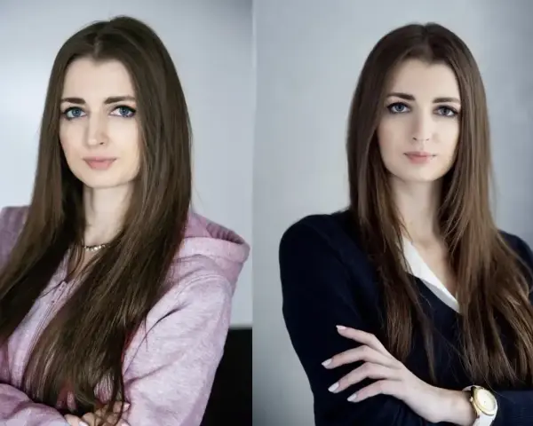 Dwie wersje profesjonalnego zdjęcia do CV: w różowej bluzie i granatowym swetrze.
